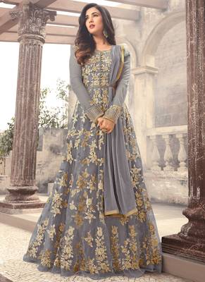 Grey net semi stitched wedding floor length anarkali 1