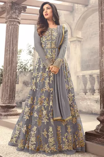 Grey net semi stitched wedding floor length anarkali