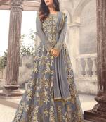 Grey net semi stitched wedding floor length anarkali