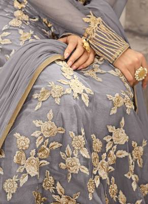 Grey net semi stitched wedding floor length anarkali 2