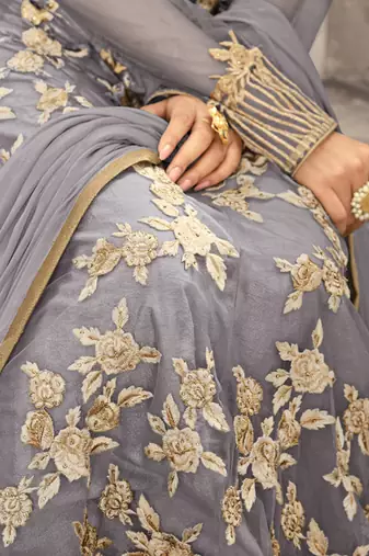 Grey net semi stitched wedding floor length anarkali
