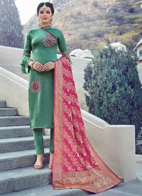 Green satin silk semi stitched party churidar kameez 1