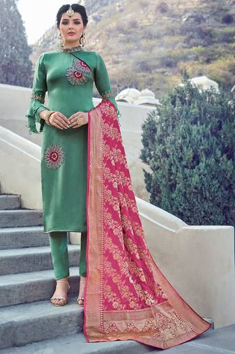 Green satin silk semi stitched party churidar kameez