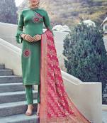 Green satin silk semi stitched party churidar kameez