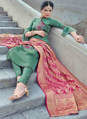 Green satin silk semi stitched party churidar kameez 2