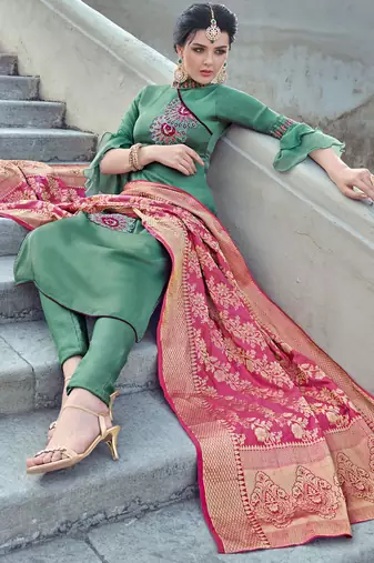 Green satin silk semi stitched party churidar kameez