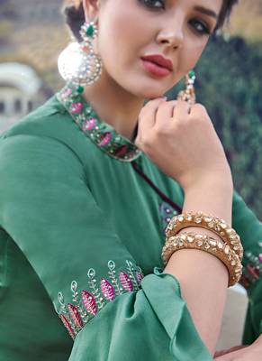 Green satin silk semi stitched party churidar kameez 3