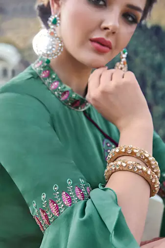 Green satin silk semi stitched party churidar kameez