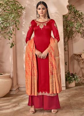Red satin georgette semi stitched party palazzo suit 1