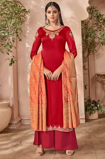 Red satin georgette semi stitched party palazzo suit
