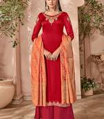 Red satin georgette semi stitched party palazzo suit