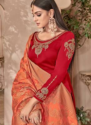 Red satin georgette semi stitched party palazzo suit 2