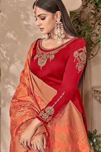 Red satin georgette semi stitched party palazzo suit