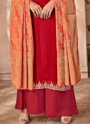 Red satin georgette semi stitched party palazzo suit 3