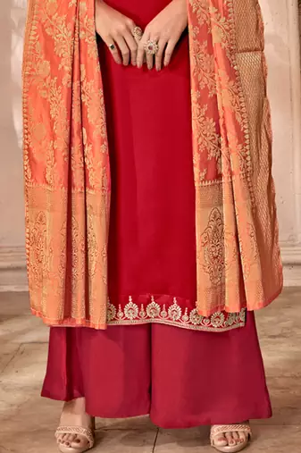 Red satin georgette semi stitched party palazzo suit