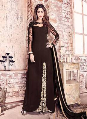 Brown georgette, net semi stitched party pakistani suit 1