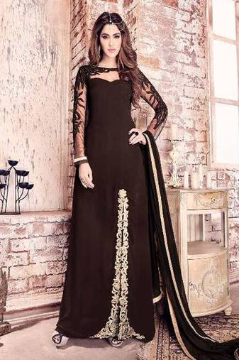 Brown georgette, net semi stitched party pakistani suit