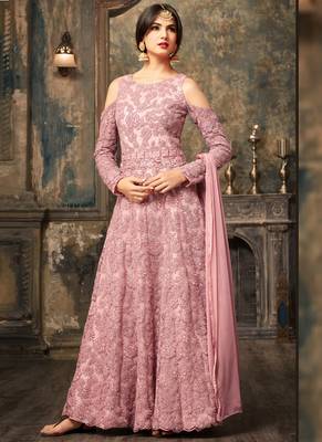 Pink net semi stitched wedding three piece gown 1