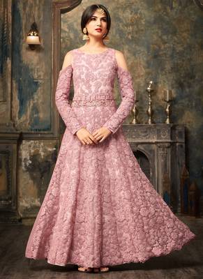 Pink net semi stitched wedding three piece gown 3