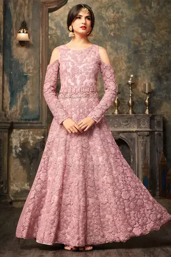 Pink net semi stitched wedding three piece gown