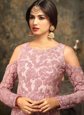 Pink net semi stitched wedding three piece gown 4