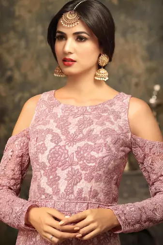 Pink net semi stitched wedding three piece gown