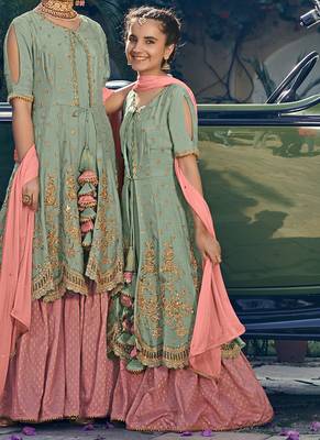 Green rangoli georgette semi stitched wedding sharara salwar suit 1