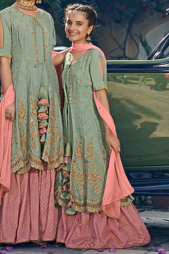 Green rangoli georgette semi stitched wedding sharara salwar suit
