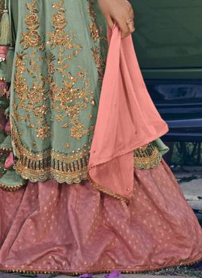 Green rangoli georgette semi stitched wedding sharara salwar suit 2