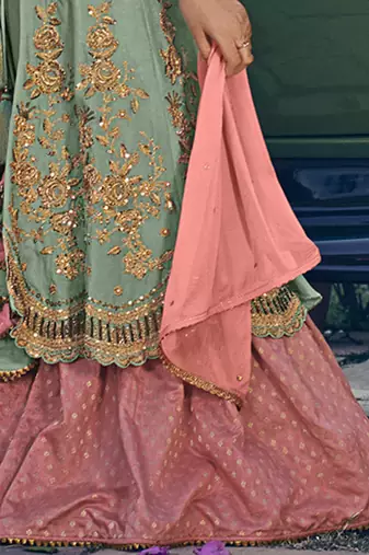 Green rangoli georgette semi stitched wedding sharara salwar suit