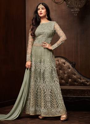 Green net semi stitched wedding anarkali suit 1