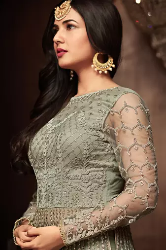 Green net semi stitched wedding anarkali suit