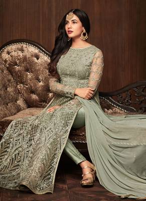 Green net semi stitched wedding anarkali suit 3