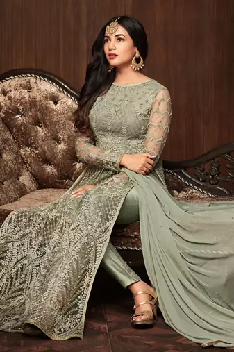 Green net semi stitched wedding anarkali suit