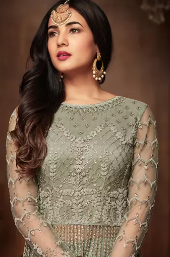 Green net semi stitched wedding anarkali suit