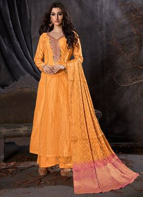 Yellow banarsi butti semi stitched party palazzo suit 1