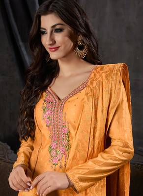 Yellow banarsi butti semi stitched party palazzo suit 2