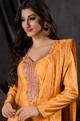 Yellow banarsi butti semi stitched party palazzo suit