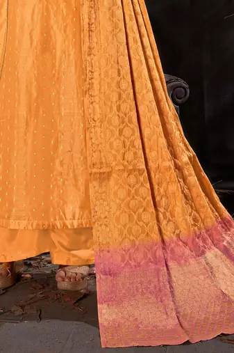 Yellow banarsi butti semi stitched party palazzo suit