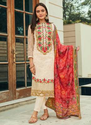 Cream net semi stitched party straight cut suit 1