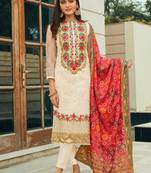 Cream net semi stitched party straight cut suit