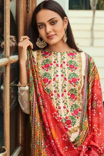 Cream net semi stitched party straight cut suit