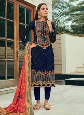 Blue net semi stitched party straight cut suit 1