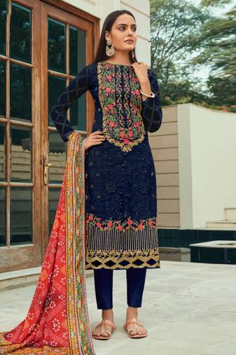 Blue net semi stitched party straight cut suit