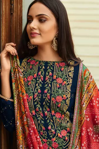 Blue net semi stitched party straight cut suit