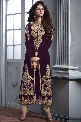 Brown velvet semi stitched bridal pakistani suit