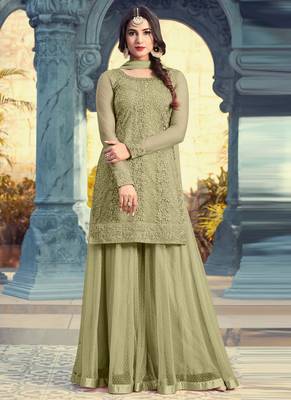 Green net semi stitched wedding palazzo suit 1