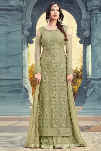 Green net semi stitched wedding palazzo suit