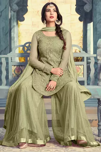 Green net semi stitched wedding palazzo suit