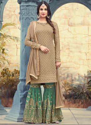 Beige georgette semi stitched wedding sharara kameez 1